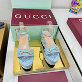 GG WEDGE HEELS IN BLUE FABRIC AND CALFSKIN WITH GOLD HARDWARE STYLE 4